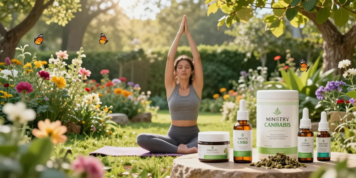 Ministry of Cannabis CBD oil and wellness products in serene outdoor yoga setting for natural health.