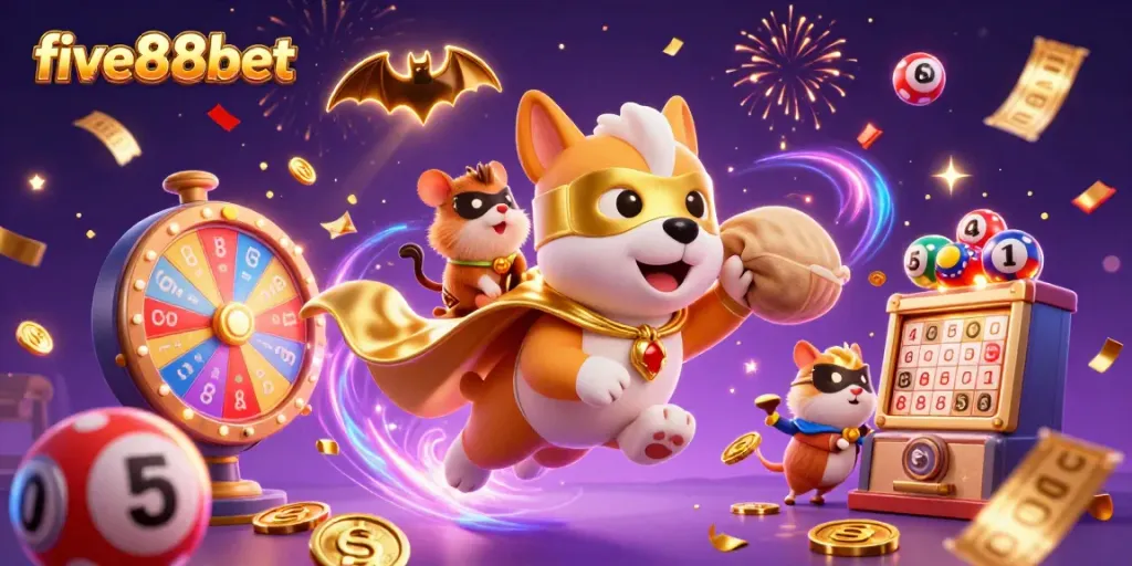 Experience the excitement of five88bet with a superhero dog and hamster amidst dynamic casino elements.