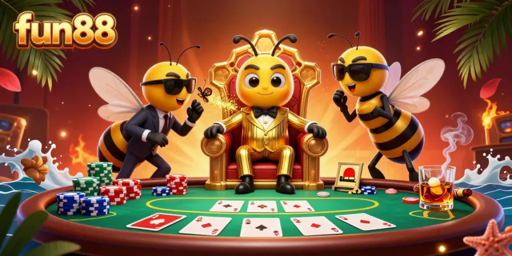 Experience fun88 excitement with a bustling casino scene featuring a 3D bumblebee mob boss and poker elements.