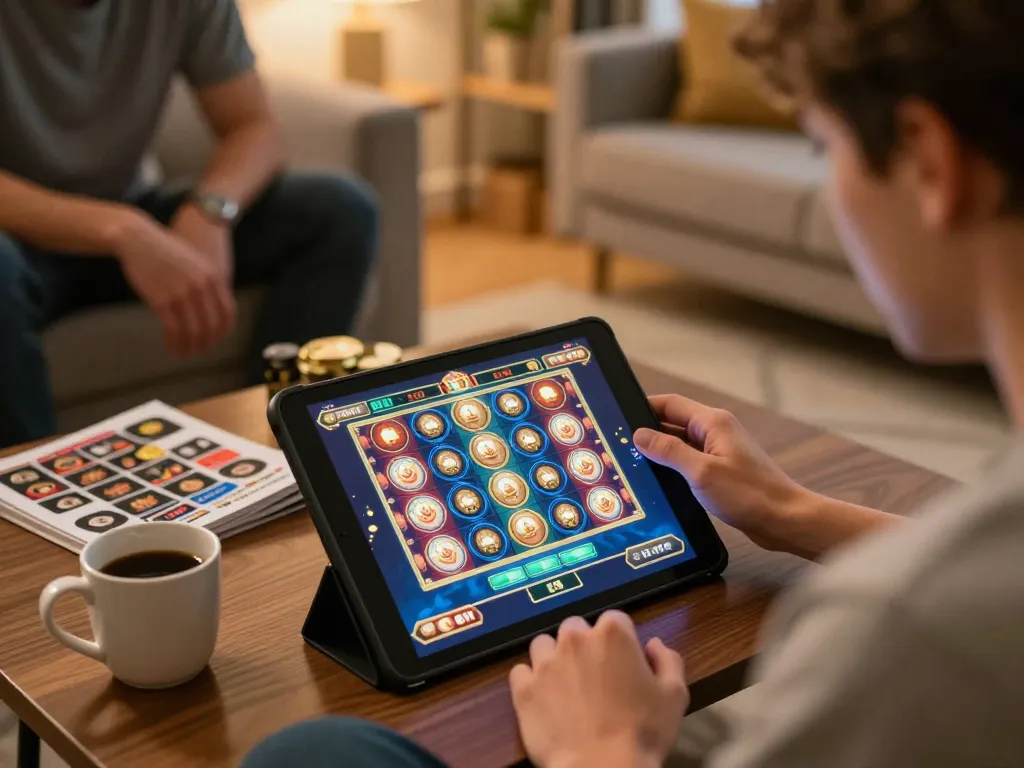 SUNWIN players enjoying online slots in a cozy home setting, showcasing engaging gameplay and strategic focus.