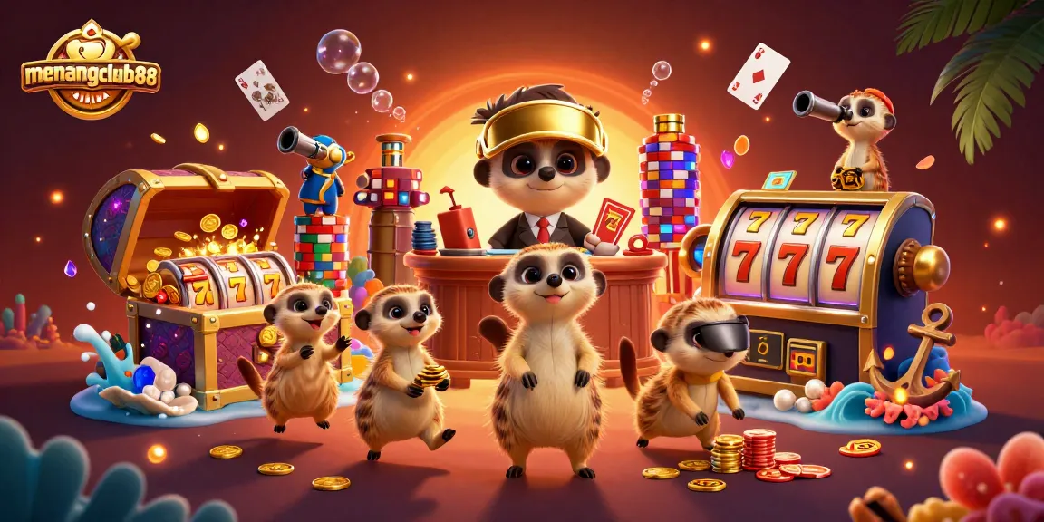 Experience thrilling gaming with menangclub88 featuring meerkats running a vibrant casino adventure.