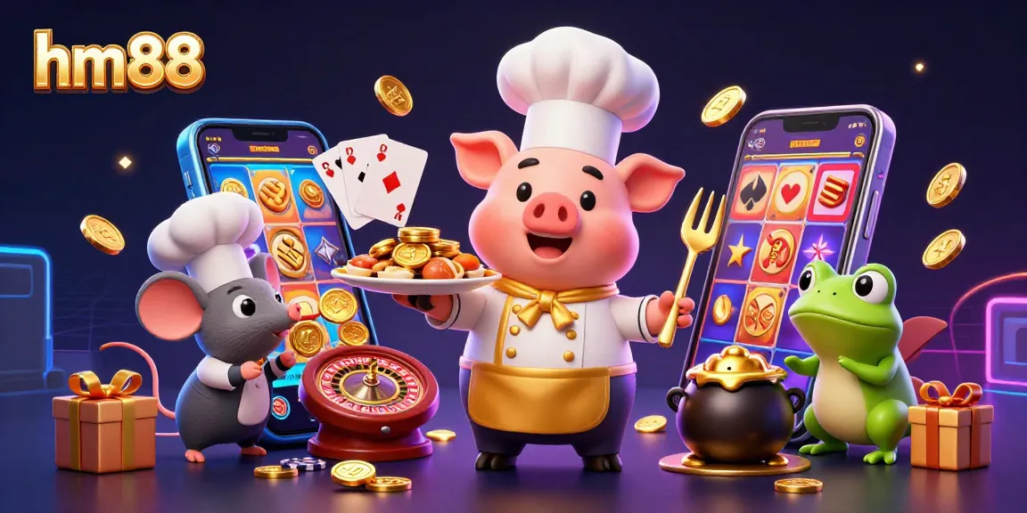 Experience the luxury of hm88 online casino with a vibrant scene of games and delightful characters.