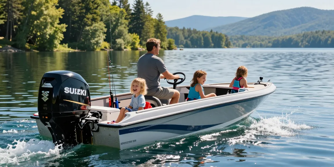 Suzuki outboard for sale showcased in a vibrant family boating scene on a sunny lake