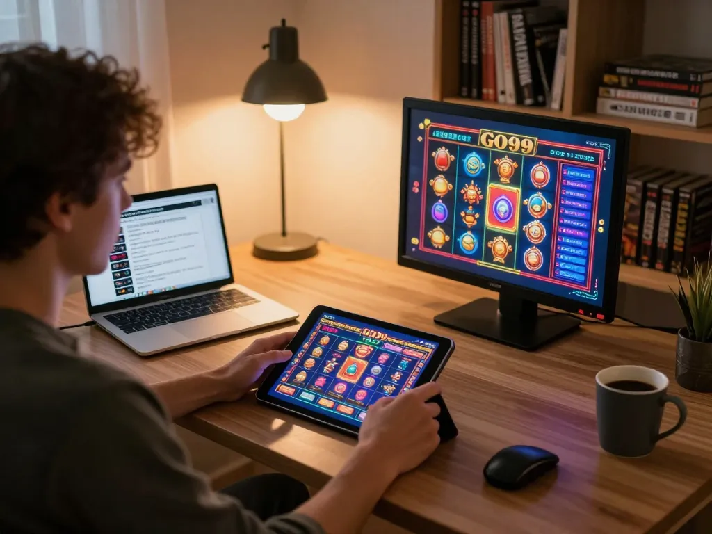 Engaging in online gambling at Go99 with a cozy home gaming setup.