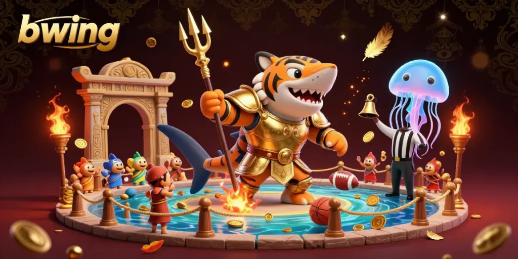 Bwing's immersive underwater casino scene featuring a tiger shark in gladiator armor amidst vibrant gambling elements.