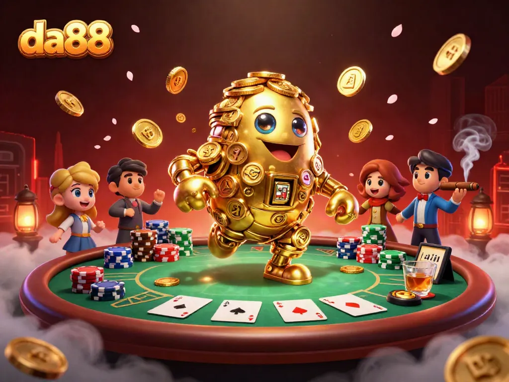 Experience thrilling gaming at DA88 with a colorful 3D golden golem and casino elements.