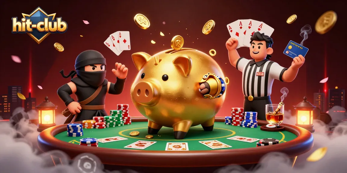 Experience exciting gameplay at hit-club with dynamic golden piggy bank and poker action illustrating the thrill of gambling.