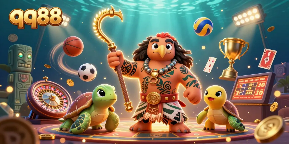 Experience qq88 with thrilling live casino games and dynamic sports elements in a vibrant, detailed illustration.