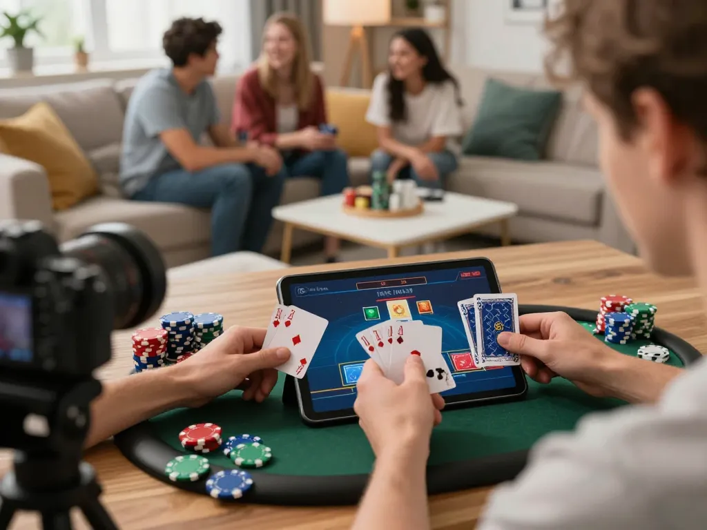Player enjoying poker on xin88's online platform, vibrant atmosphere with colorful chips and cards
