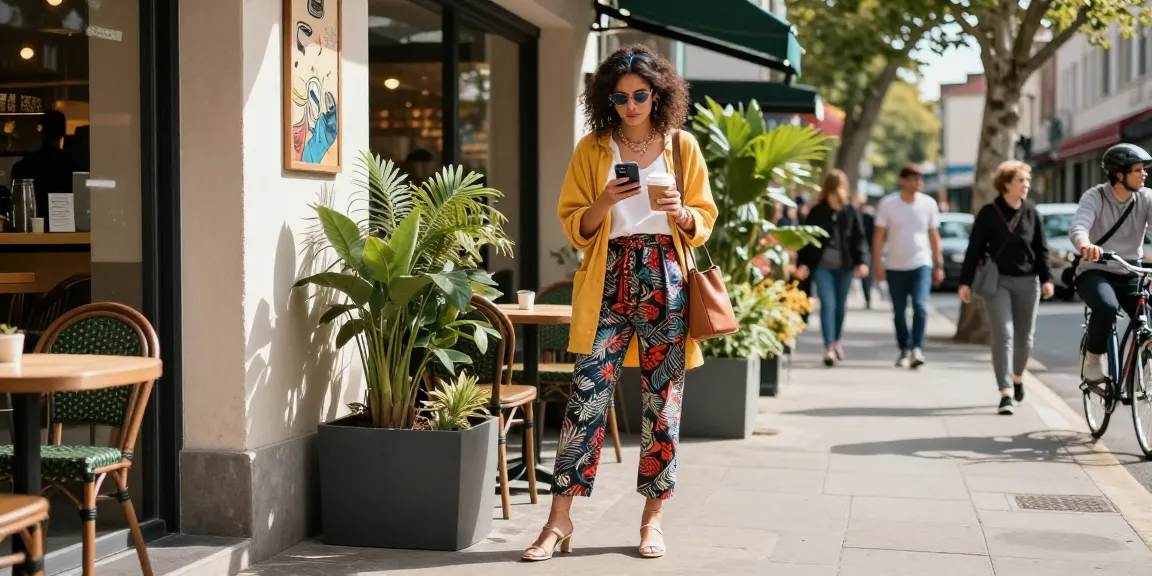 A stylish woman outside a café representing urban fashion trends from https://www.sukan8a.com/ with vibrant outfit and accessories.