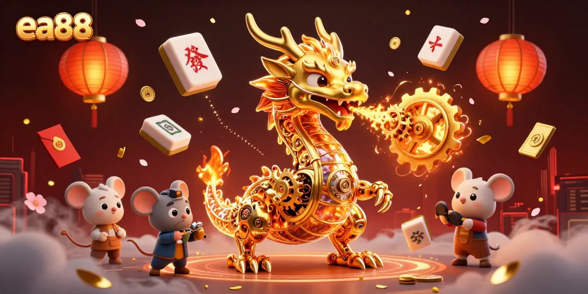 ea88 players enjoy a vibrant 3D scene with golden dragon, casino elements, and festive decorations.