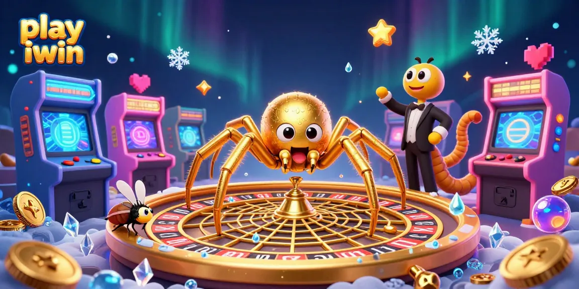Play iwin in an immersive gambling scene featuring a golden web roulette wheel and cartoon characters.