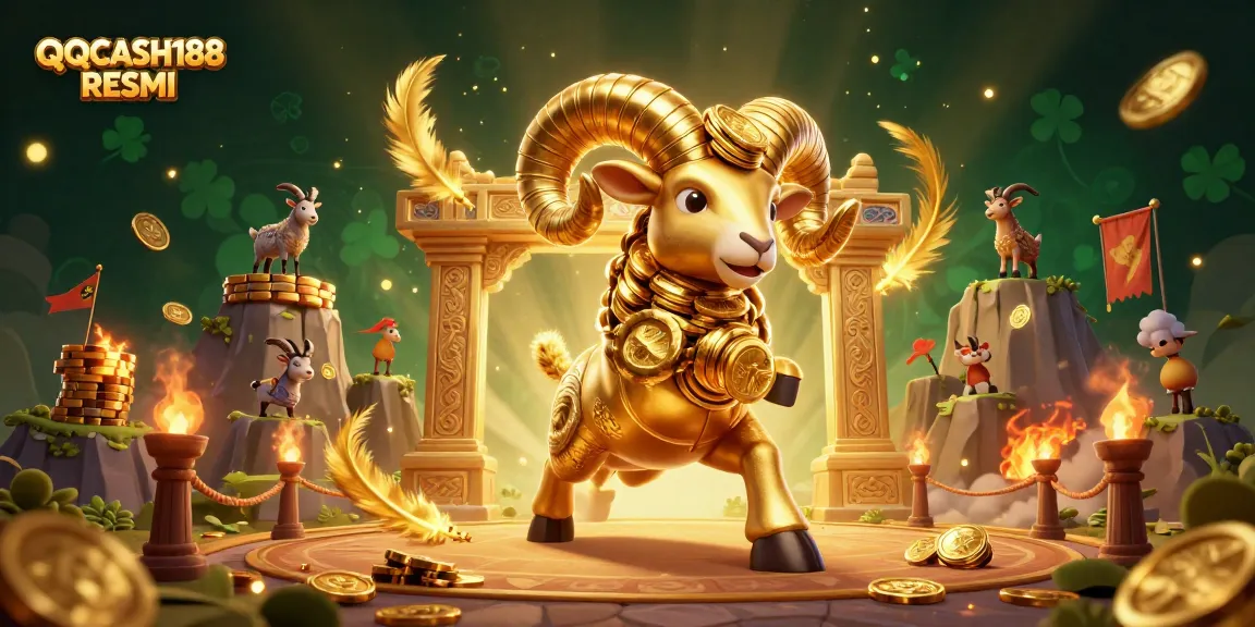 Engage in thrilling casino gameplay with QQCASH188 RESMI as the golden ram charges through a vibrant arena.