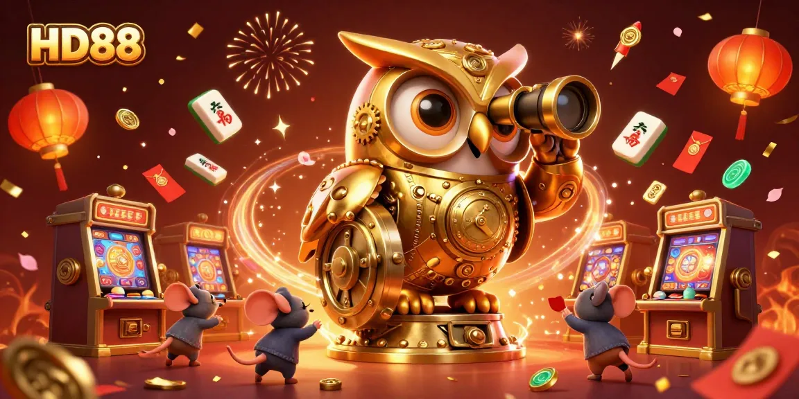 Engage with HD88's vibrant casino realm featuring a clockwork owl and bustling patrons amid slot machines.