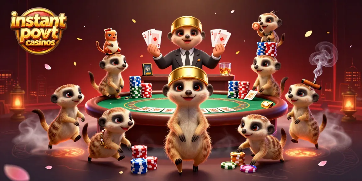 Experience instant payout casinos with animated meerkats managing a lively poker scene.