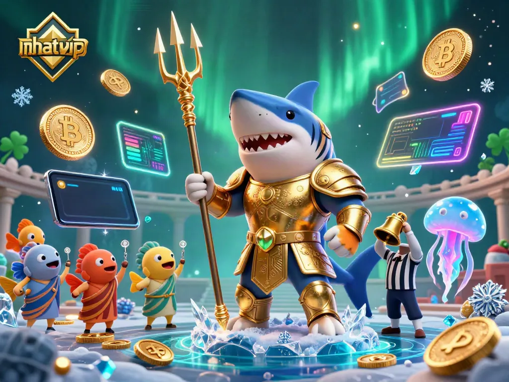 Nhatvip showcases a dynamic underwater casino scene with a gladiator shark and festive fish amidst crypto coins.
