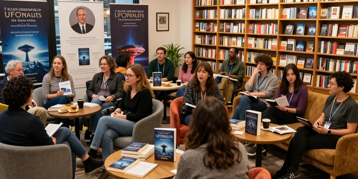 Engaging readers discussing T Allen Greenfield's UFOnauts at a bookstore event, featuring https://tallengreenfield.com.