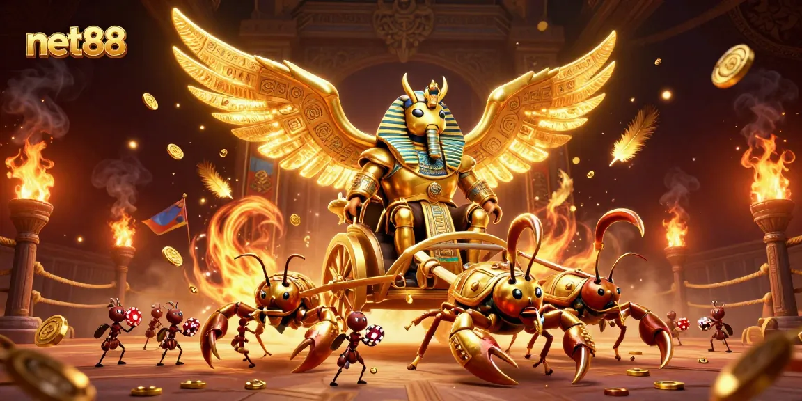 Experience net88's excitement with a vibrant 3D casino scene featuring scorpions and poker chips.