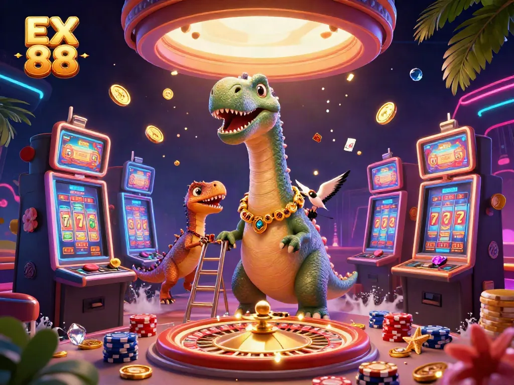 Engage in thrilling casino adventures with EX 88, where a brontosaurus oversees a lively slot area.