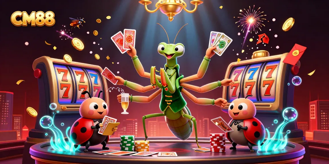 Experience the thrill of CM88 with vibrant casino games and action-packed characters in a dynamic scene.