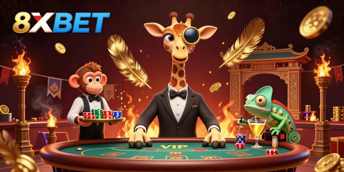 Engage with 8XBET in a vibrant casino scene featuring a high-roller giraffe, monkey valet, and chameleon bartender.