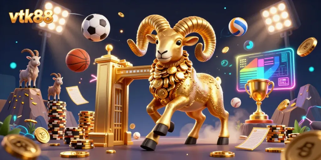 Experience thrilling bets at vtk88 with a dynamic 3D illustration showcasing sports excitement and vibrant energy.