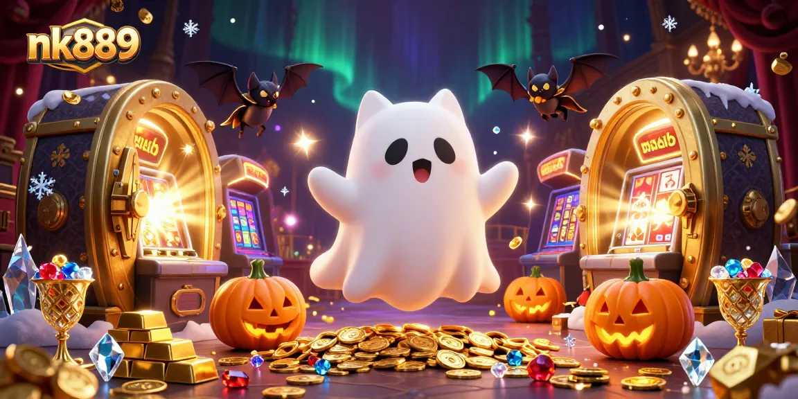 Engage with thrilling games on nk889 featuring a ghost cat and bat in a vibrant casino scene.