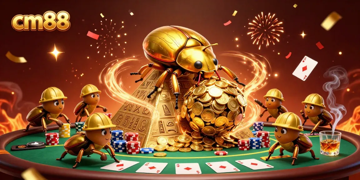 Engage with cm88's vibrant casino scene featuring cartoon beetles and golden coins.