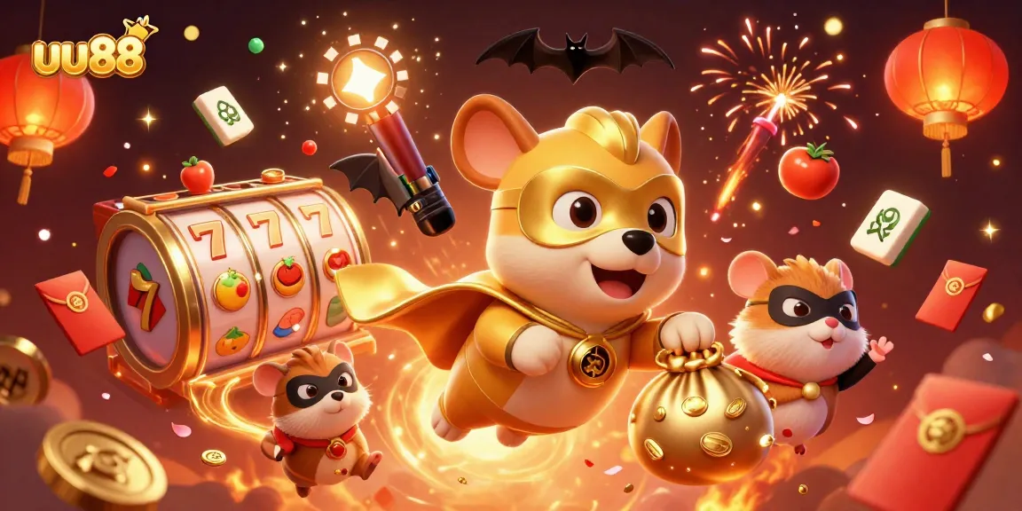 Experience thrilling gameplay with uu88's captivating 3D casino visual featuring a heroic dog and vibrant game elements.