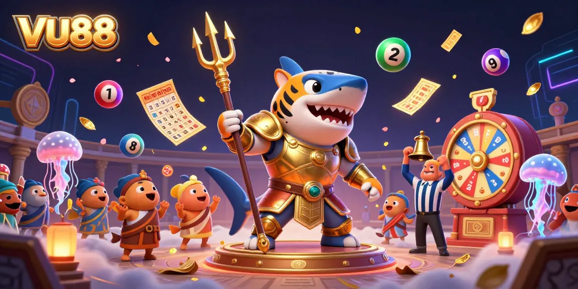 Win big at VU88 with an enchanting underwater gambling scene featuring vibrant lottery elements and a heroic shark character.