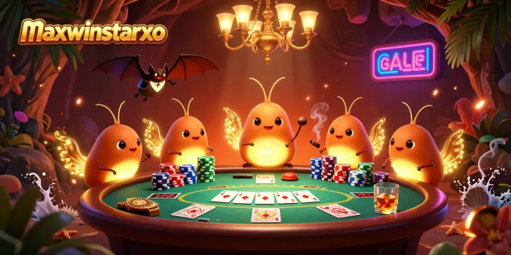 Experience the vibrant maxwinstarxo casino scene with glowworms lighting up a poker table in style.