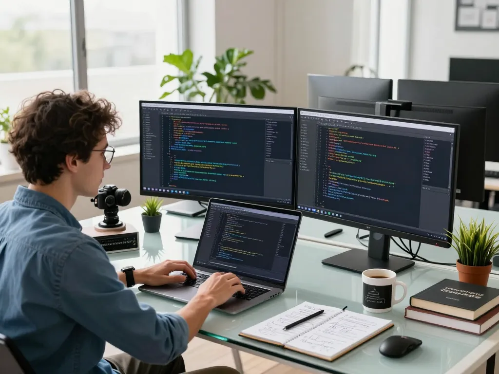 Developer coding in a modern workspace illustrating hbet technology, highlighting productivity and creativity.