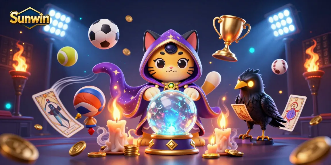 Sunwin showcases a magical scene with a fortune teller cat and sports elements for thrilling betting action.