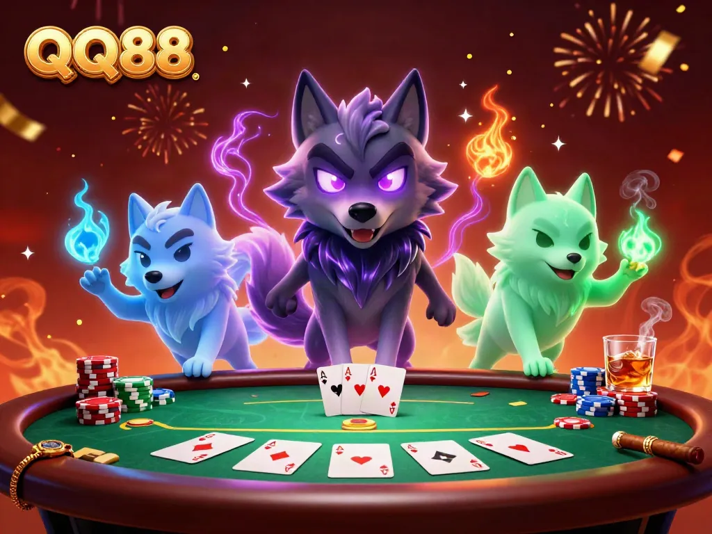 Experience thrilling bets and poker excitement with QQ88's dynamic casino scene featuring ghostly wolves.