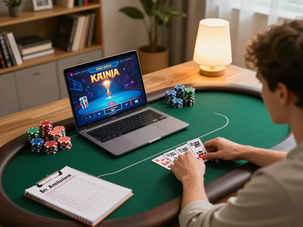 Player enjoying online poker with luck8com on laptop at home, surrounded by strategy notes.