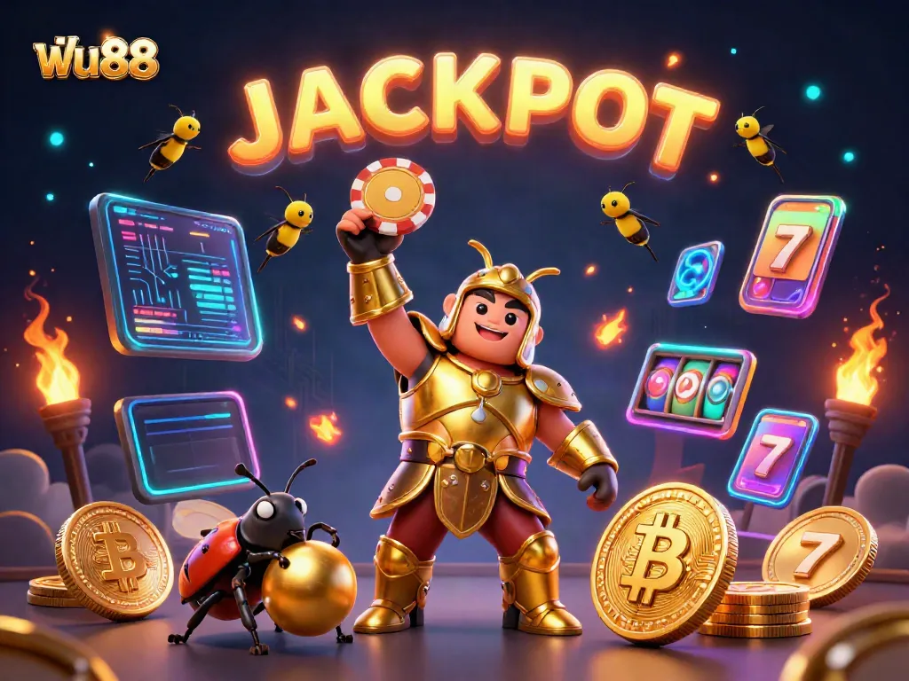 ฟัน88 celebrates wins with a victorious hercules beetle in golden armor lifting a poker chip, surrounded by casino elements.
