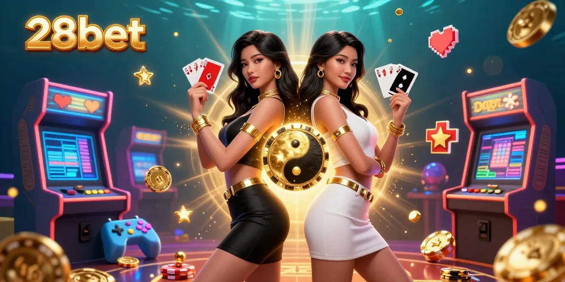 Experience thrilling gameplay with 28bet featuring stunning twin Asian women, playing cards, and arcade games.
