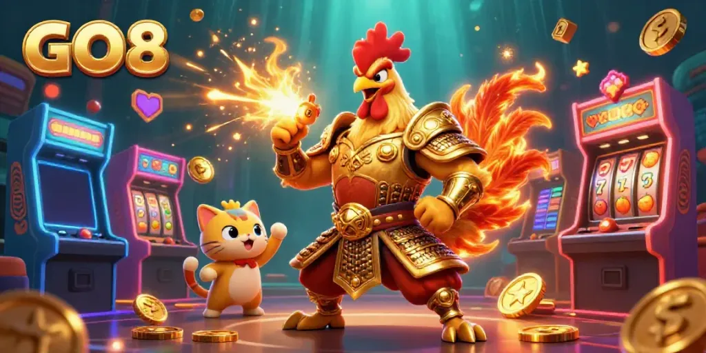 Experience the thrill of GO8 gaming with a vibrant 3D casino illustration showcasing fierce characters and dynamic gaming elements.