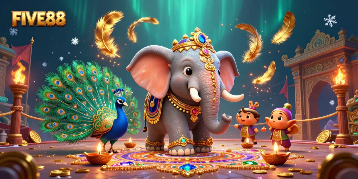 Experience the excitement of FIVE88 in this vibrant casino scene featuring an elephant and peacock.