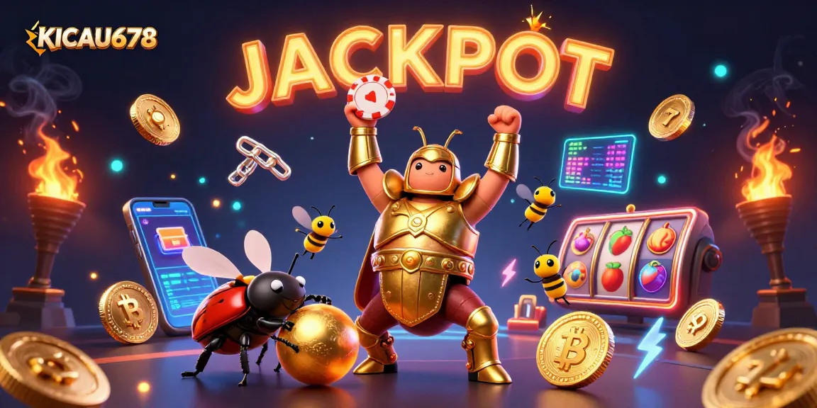 KICAU678 beetle-themed jackpot illustration showcasing animated characters celebrating wins in a digital casino.