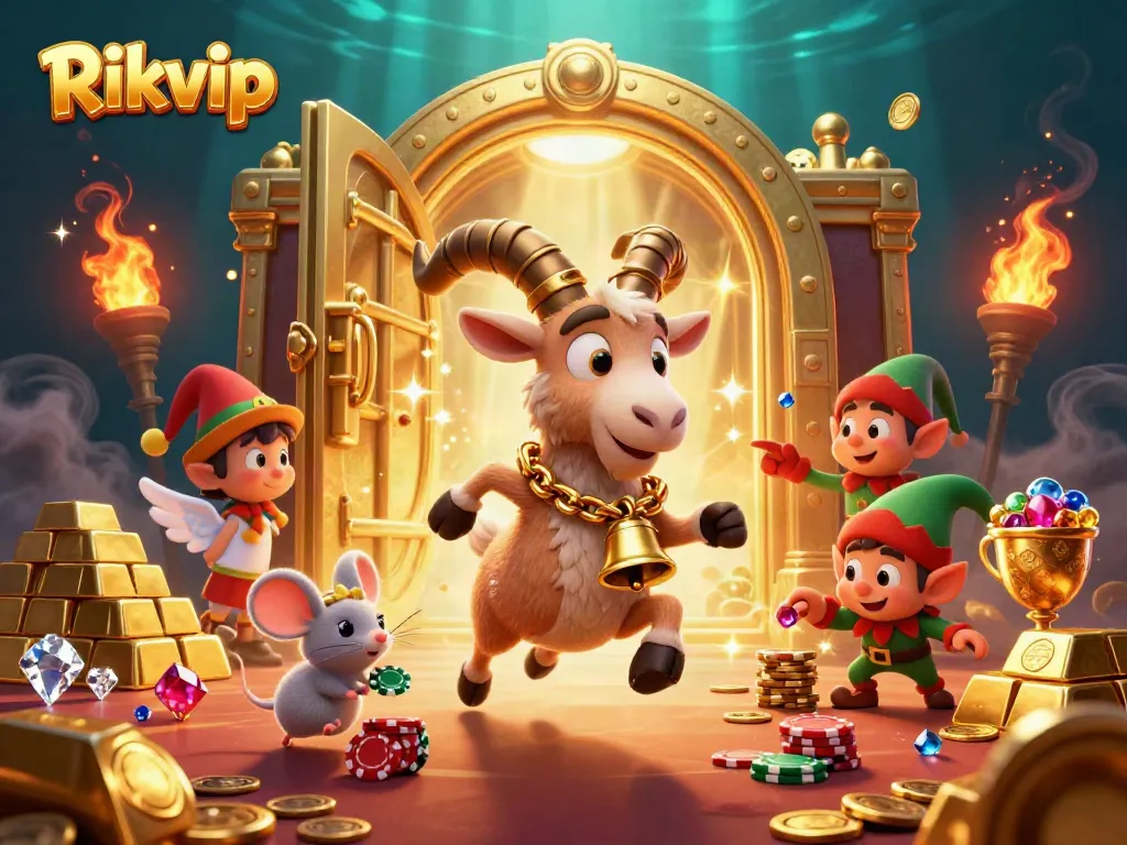Experience the excitement of Rikvip's vibrant casino scene featuring unique characters and treasure elements.