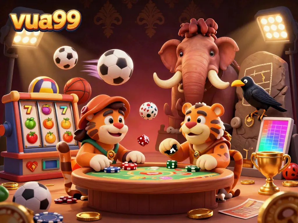 Experience vibrant gambling at vua99 with cartoon animals in a lively casino setting.