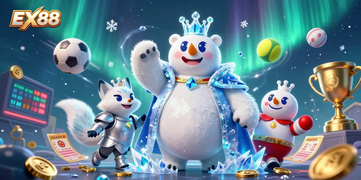 Engage with EX88 for exhilarating casino experiences, featuring a dynamic scene of a polar bear and snow fox in an aurora setting.