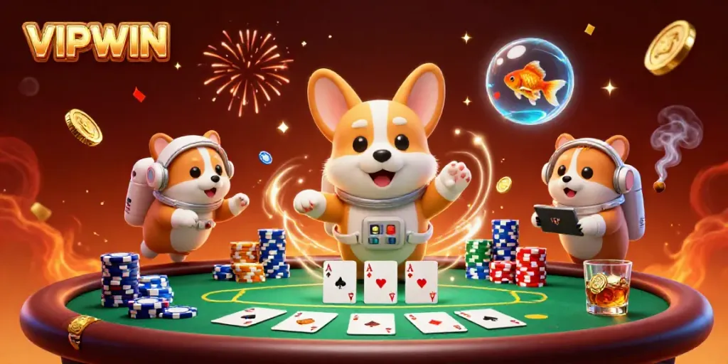 Experience the excitement of VIPWIN online casino with a floating astronaut corgi and vibrant game elements.