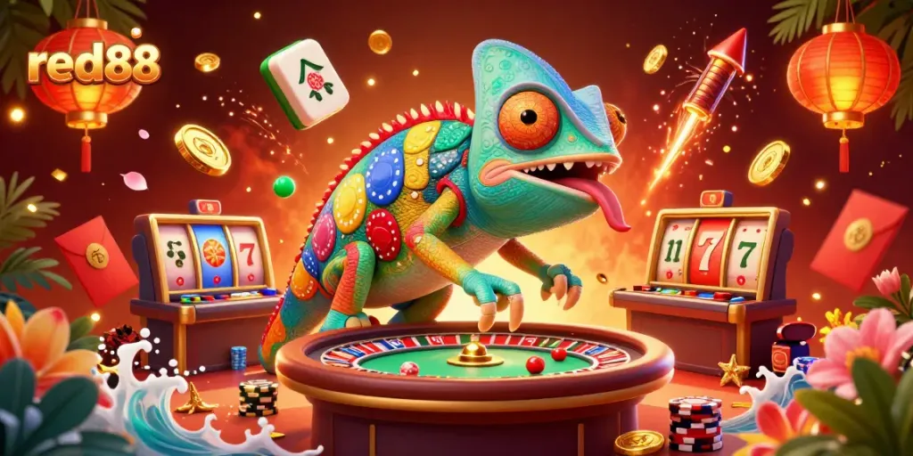 Engage with red88's vibrant casino atmosphere filled with lively chameleons and exciting game elements.
