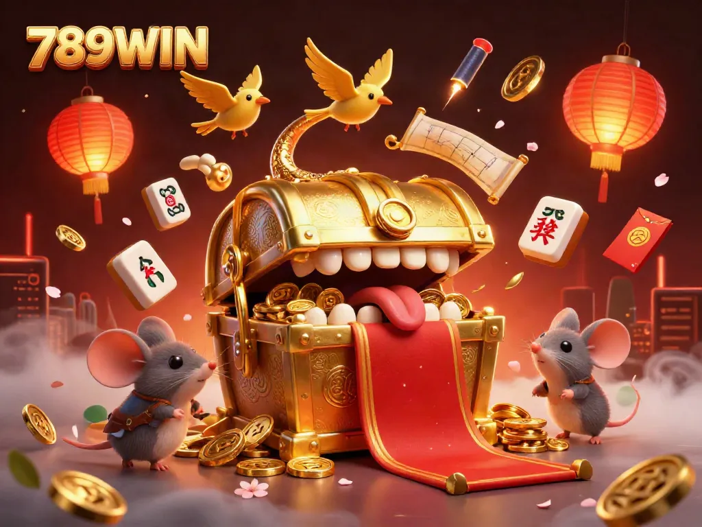 Engage in thrilling adventures at 789WIN with a dynamic 3D casino scene featuring treasure chests and golden elements.