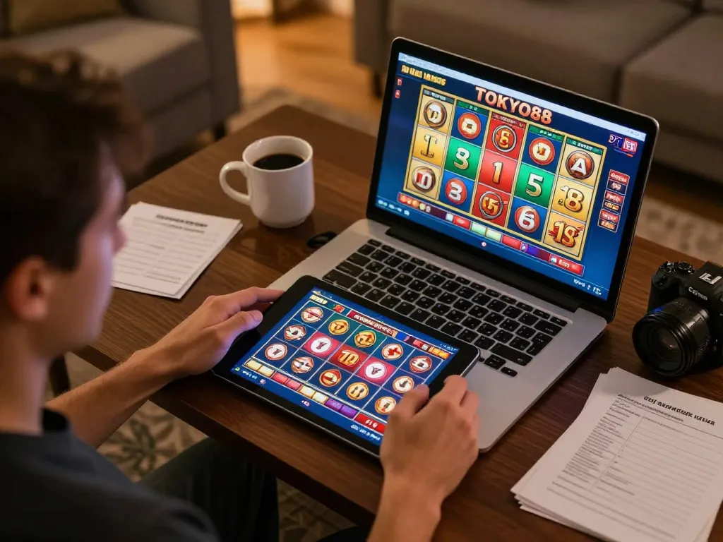 Pemain menikmati permainan slot daring tokyo88 di tablet dengan suasana nyaman dan catatan strategis di dekatnya