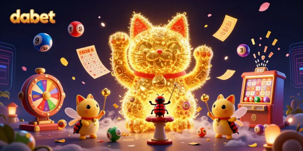 Experience the joy of winning at dabet with a vibrant 3D illustration of a lucky cat, dynamic casino symbols, and colorful lottery elements.