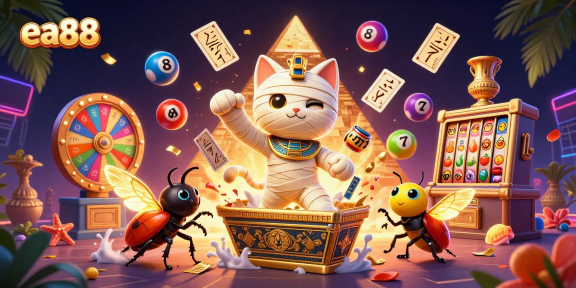 Join the excitement at ea88 with a vibrant 3D rendering of an Egyptian mummy cat in a bustling casino setting.