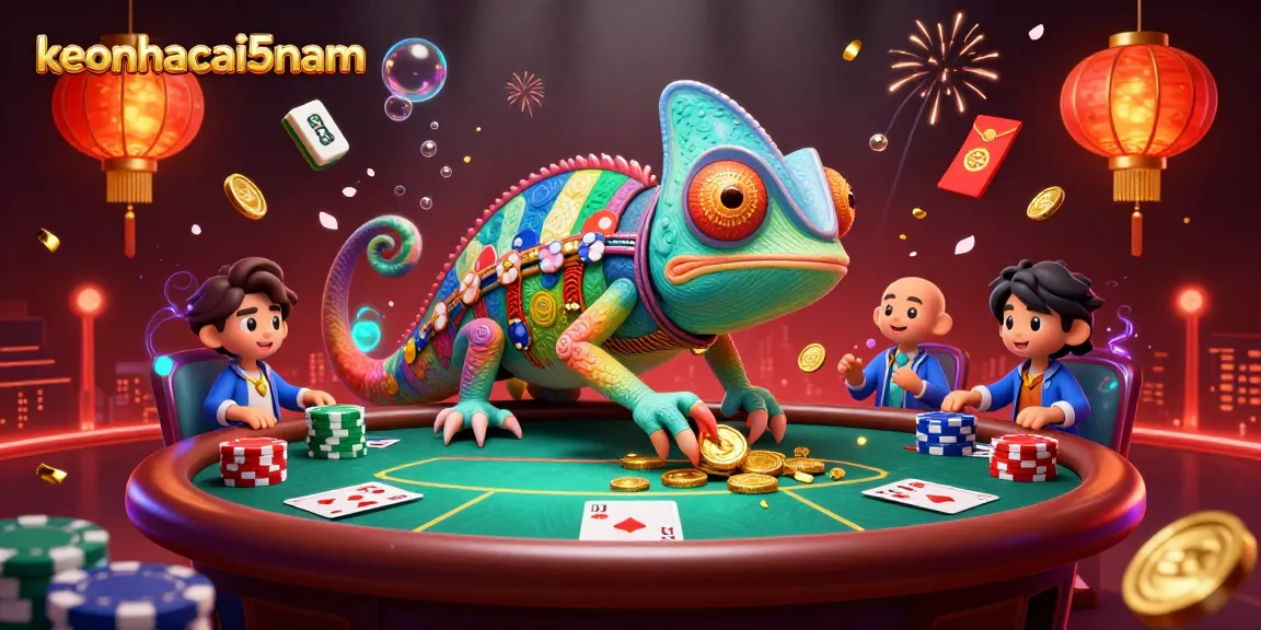 Engage with keonhacai5nam's vibrant casino atmosphere featuring dynamic chameleon and poker elements.